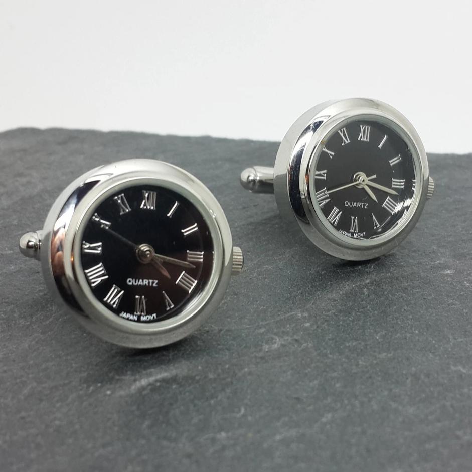 Clockwork Cufflinks With working Roman numeral clock face