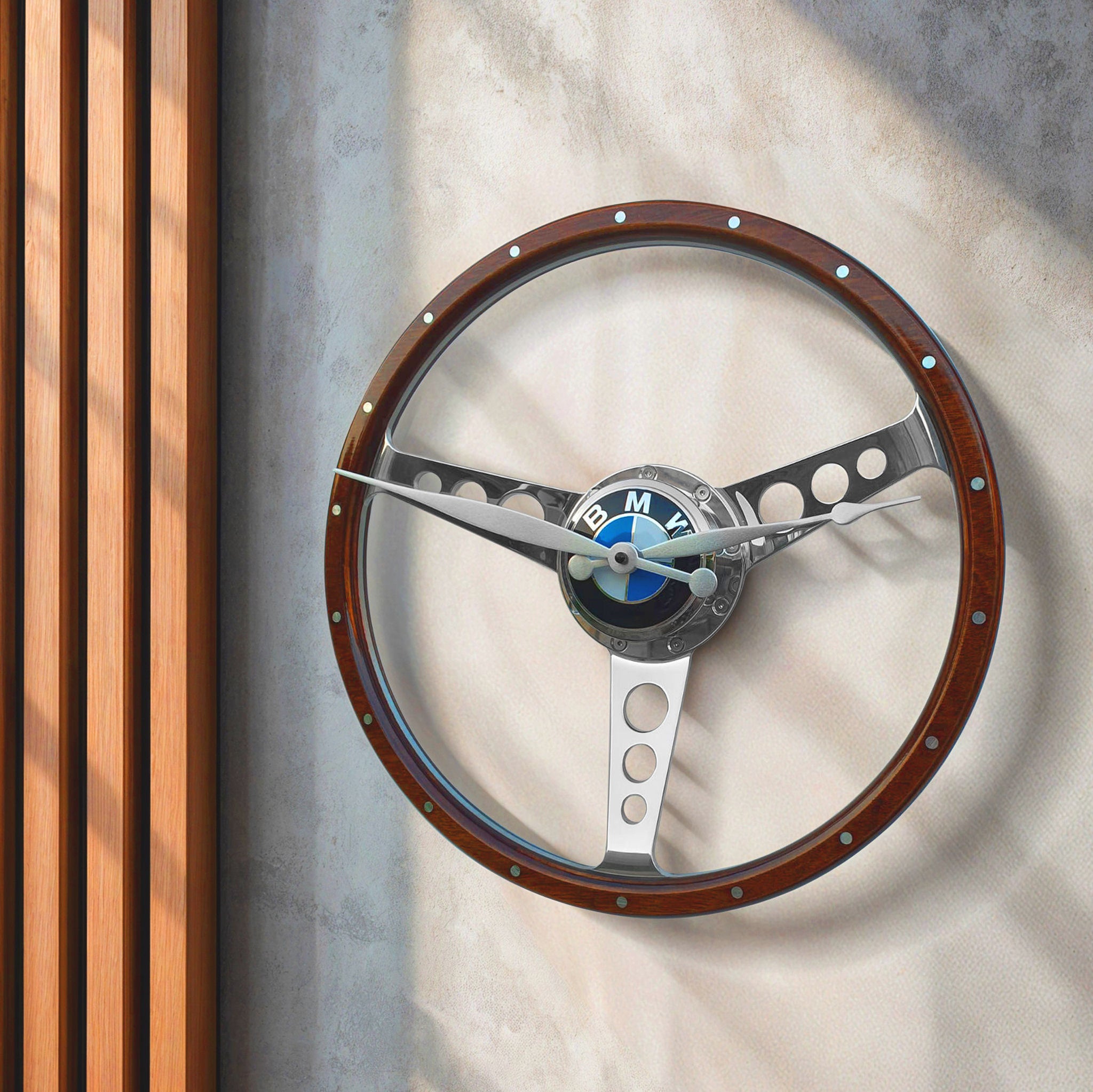BMW themed, Classic car polished wooden steering wheel clock.