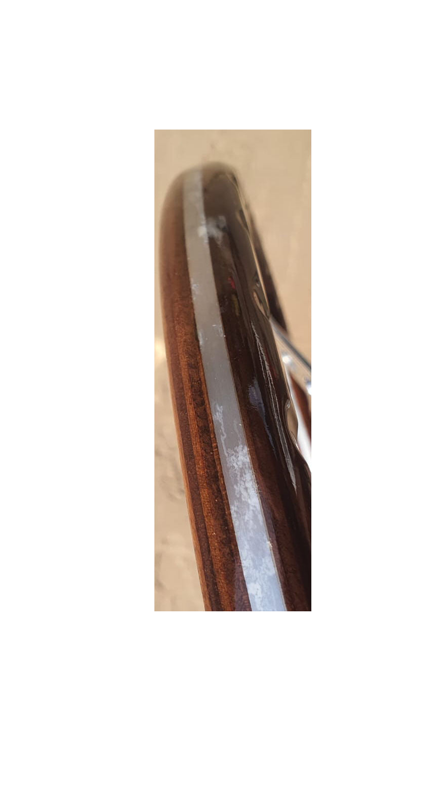 ** Reduced price due to imperfect wheel** Classic car polished wooden steering wheel clock - Patina around the edges of the clock