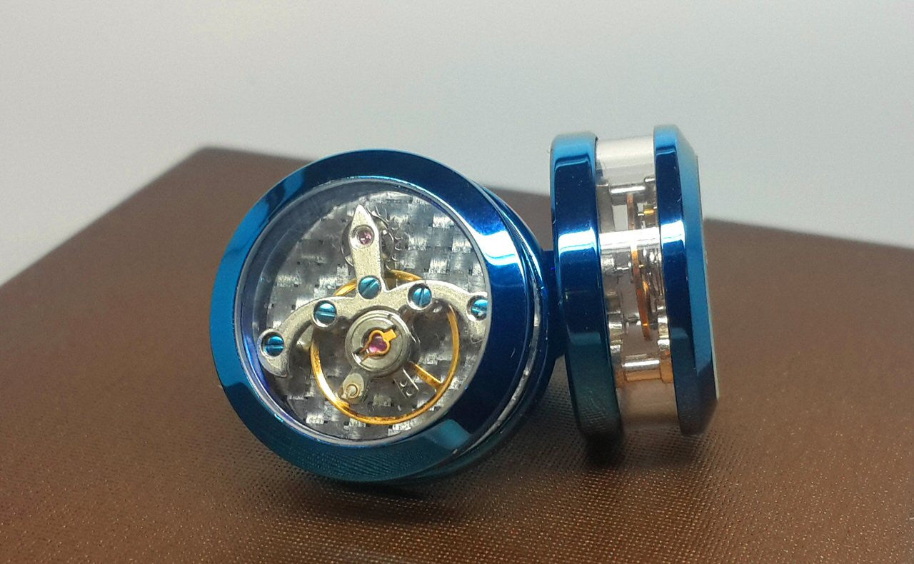 Tourbillon Clock Mechanism Cufflinks in blue with clear sides