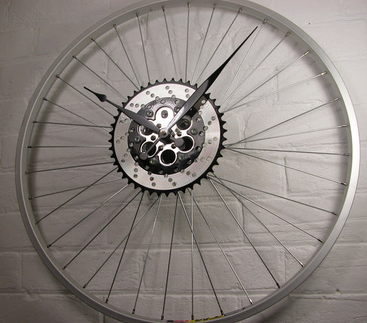 Bike Wheel Clock with black rim and sprocket decoration