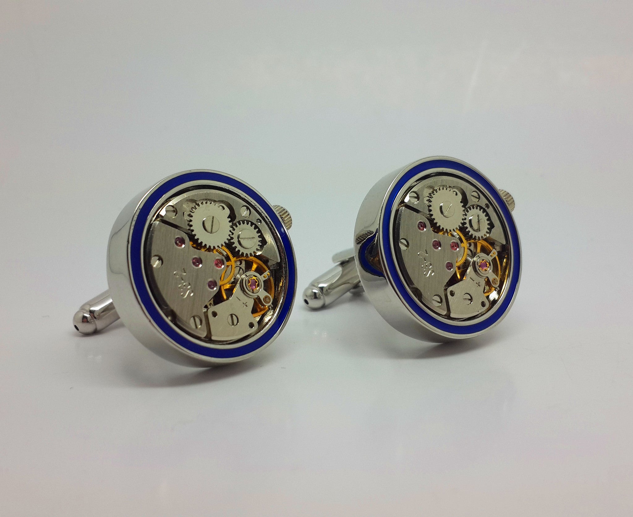 Clockwork Cufflinks With Real Moving Parts Blue Rim