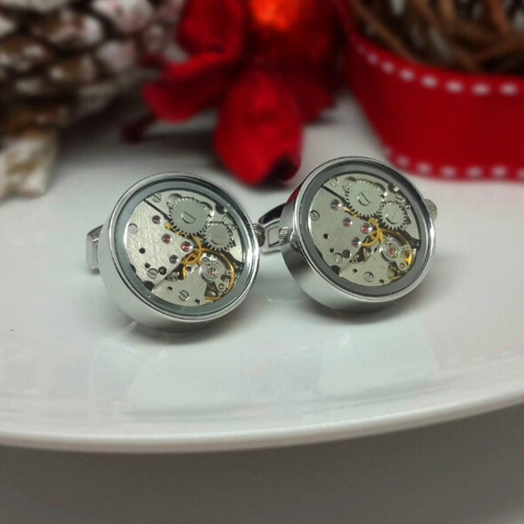 Clockwork Cufflinks, Moving Parts With Glass Face