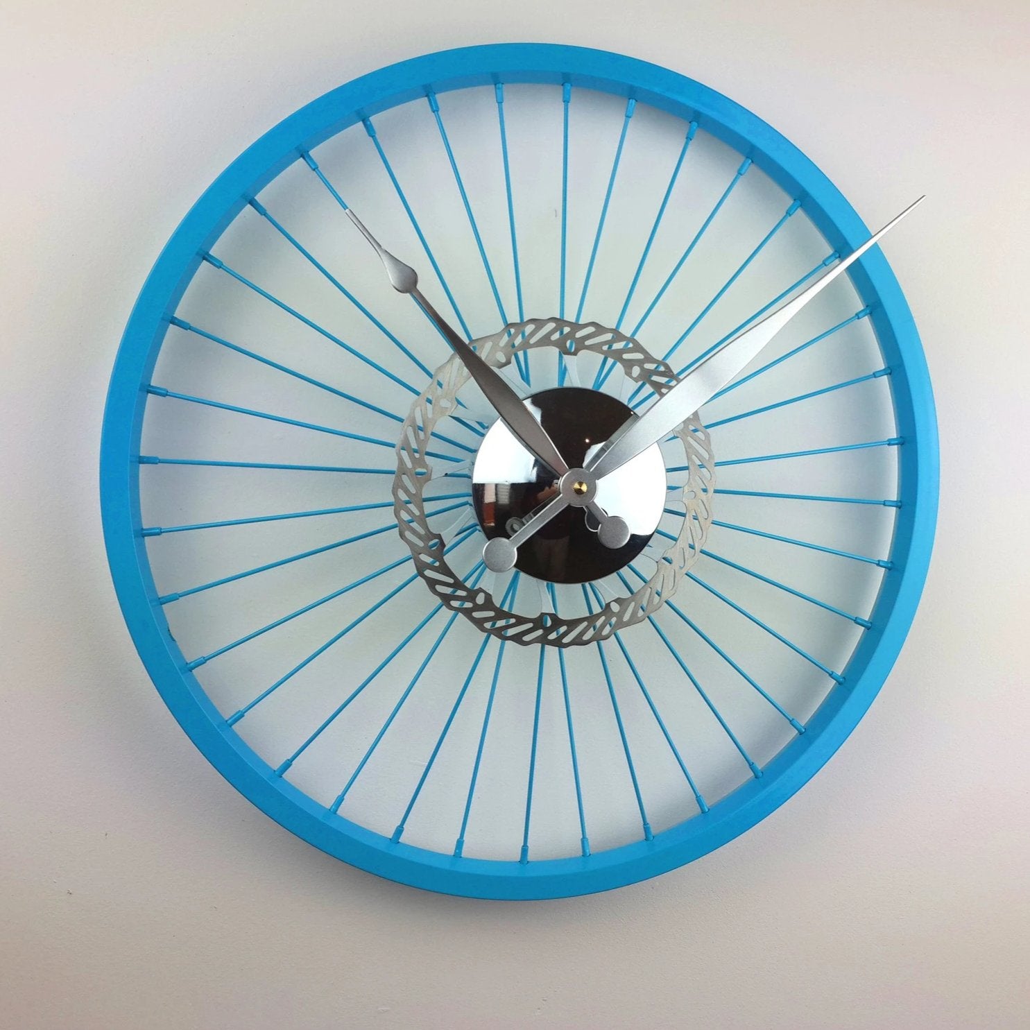 Blue Bike Wheel Clock With Brake Disc
