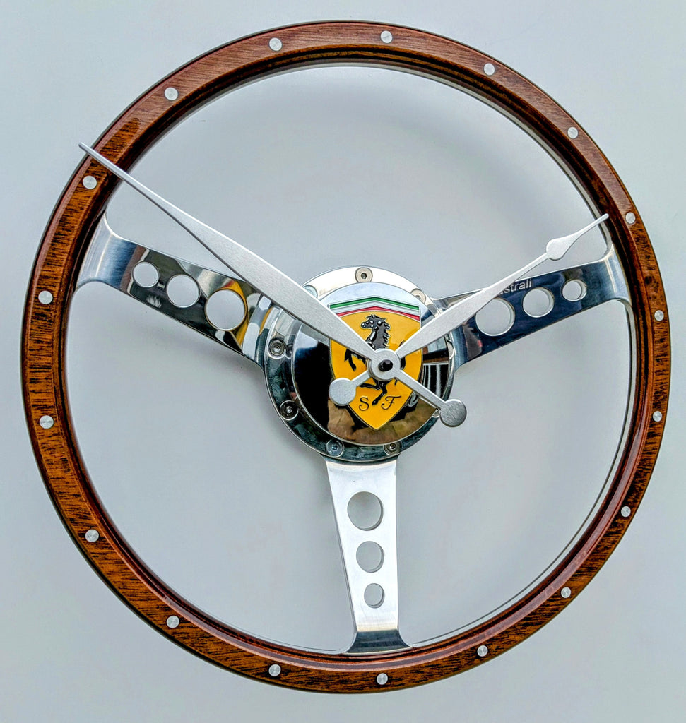 Classic car polished wooden steering wheel clock