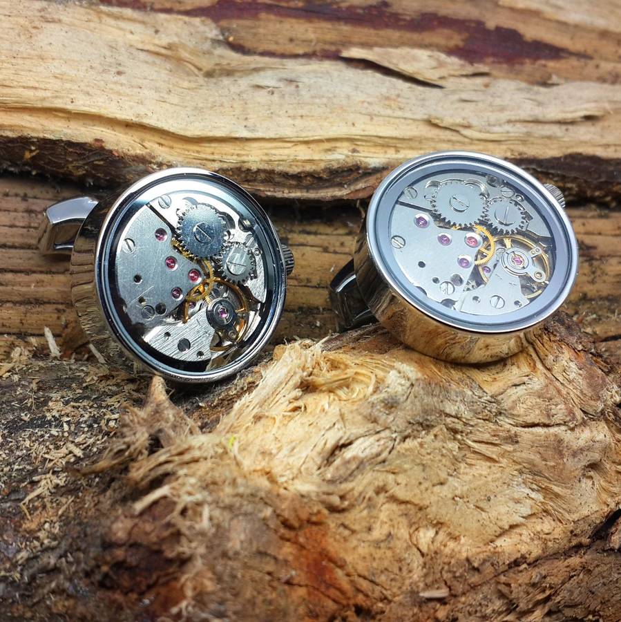 Watch Mechanism Cufflinks, Moving Parts with engraved chrome box for Sue